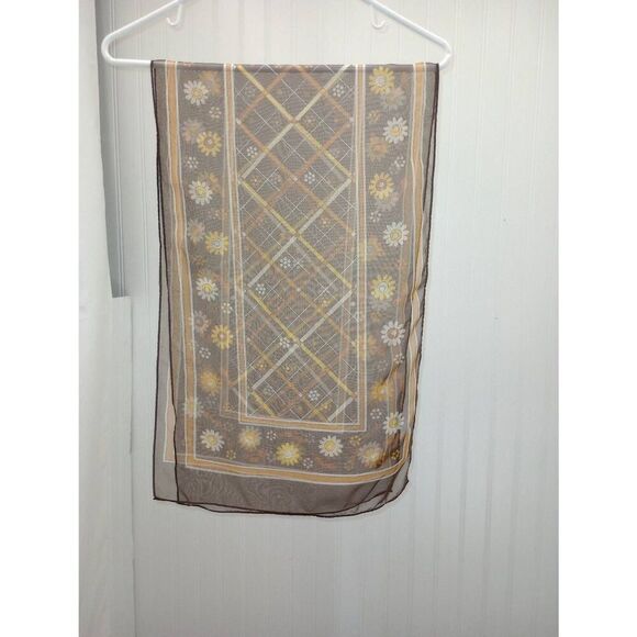 Vintage '60s -70s, Brown, plaid, floral fashion scarf made in Japan - Picture 2 of 5